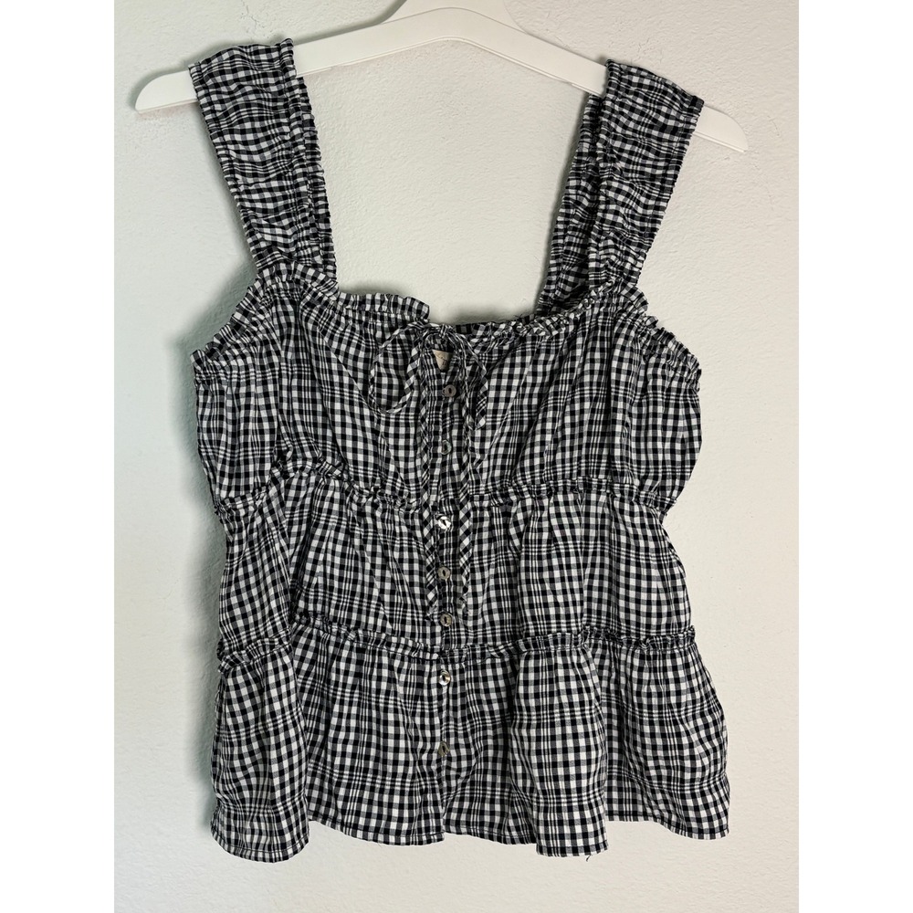 Rewind Gingham Plaid Peplum Top Black White Button Front Tiered Sleeveless M